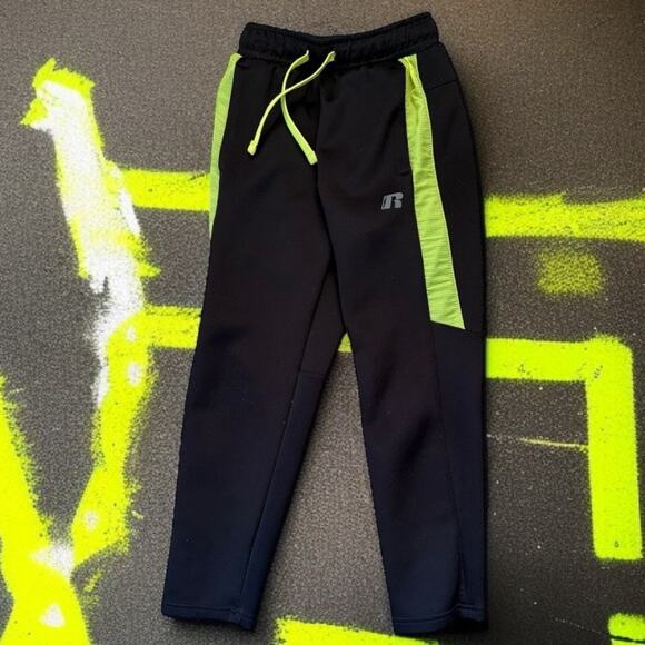 Russell Athletic Boys Sweatpants Sz S 6 7 Black Lime Elastic Waist Drawstring - Picture 1 of 7